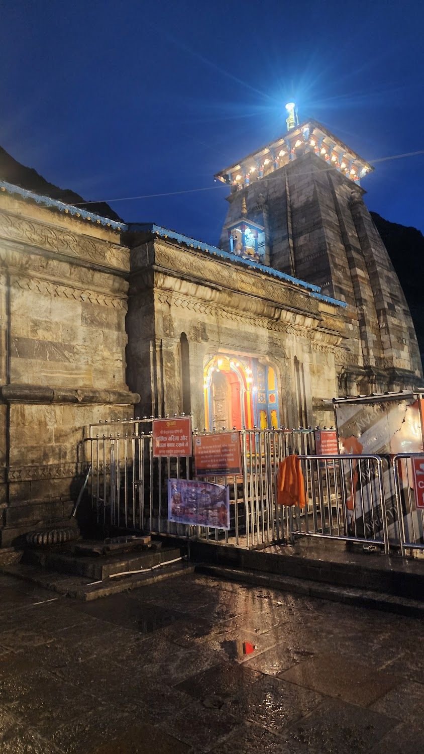 Kedarnath temple lit at blue hour