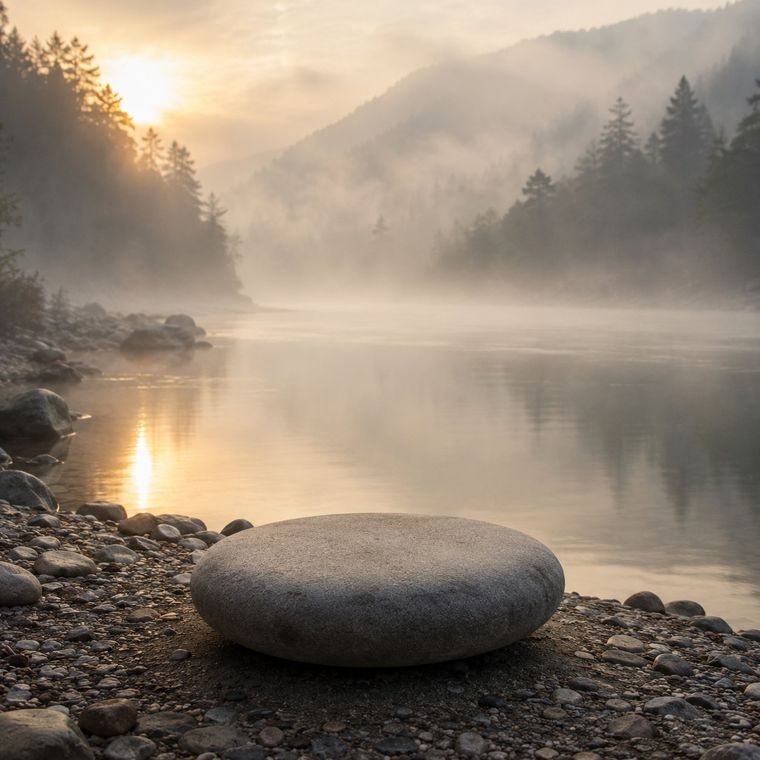 A smooth meditation stone by a misty river at dawn